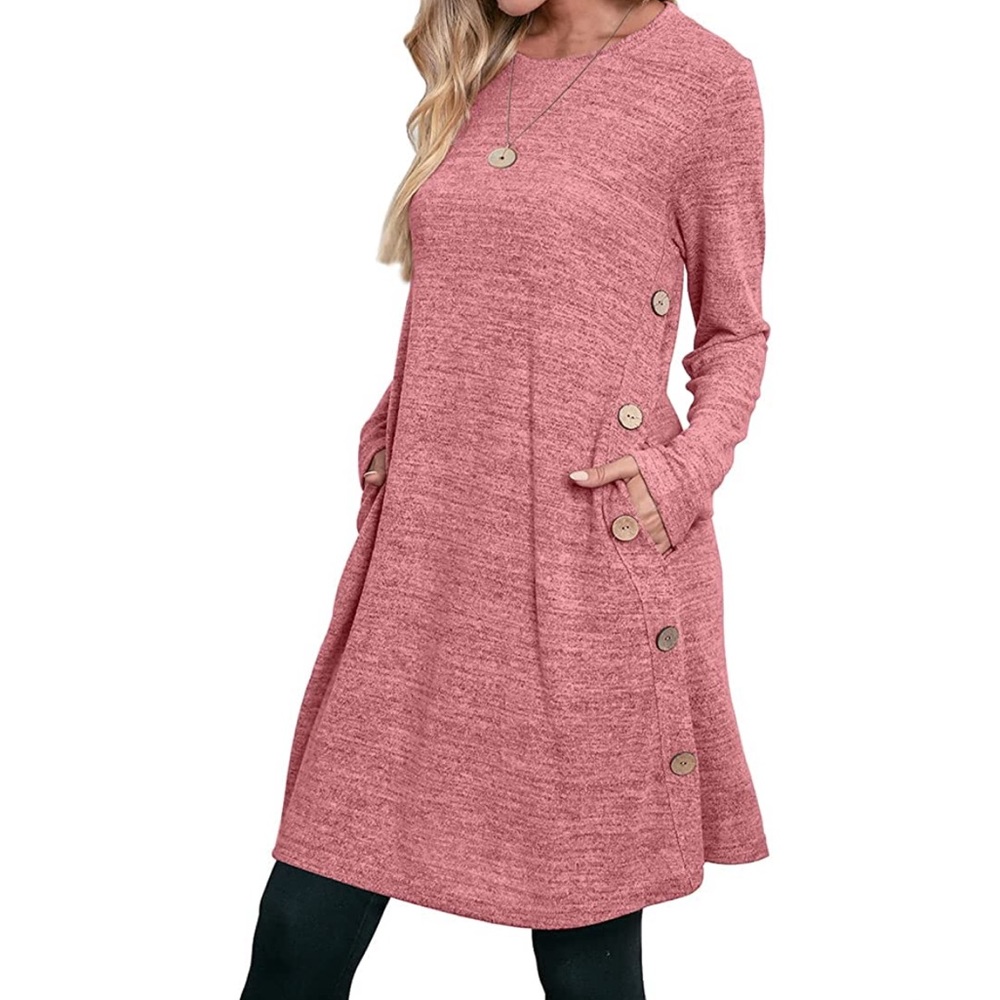 Ofeefan Stretch Knit Long Sleeved Pull On Dress w/ Side Button Accents & Pockets